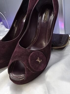 Louis Vuitton Burgundy Suede Peep-Toe Heels with LV Medallion